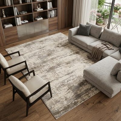 9′ X 12′ Ivory and Brown Abstract Area Rug