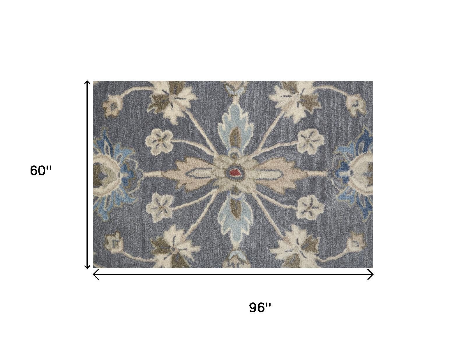 5′ X 8′ Gray Ivory Wool Floral Shag Area Rug