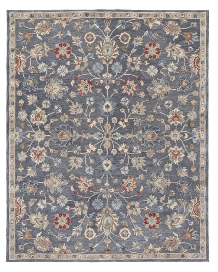 9′ X 12′ Gray and Ivory Wool Floral Area Rug