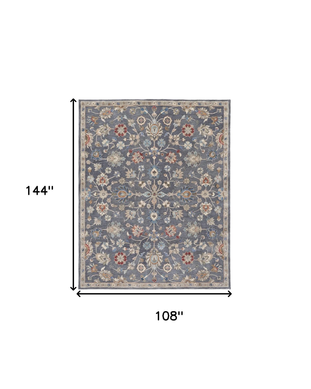 9′ X 12′ Gray and Ivory Wool Floral Area Rug