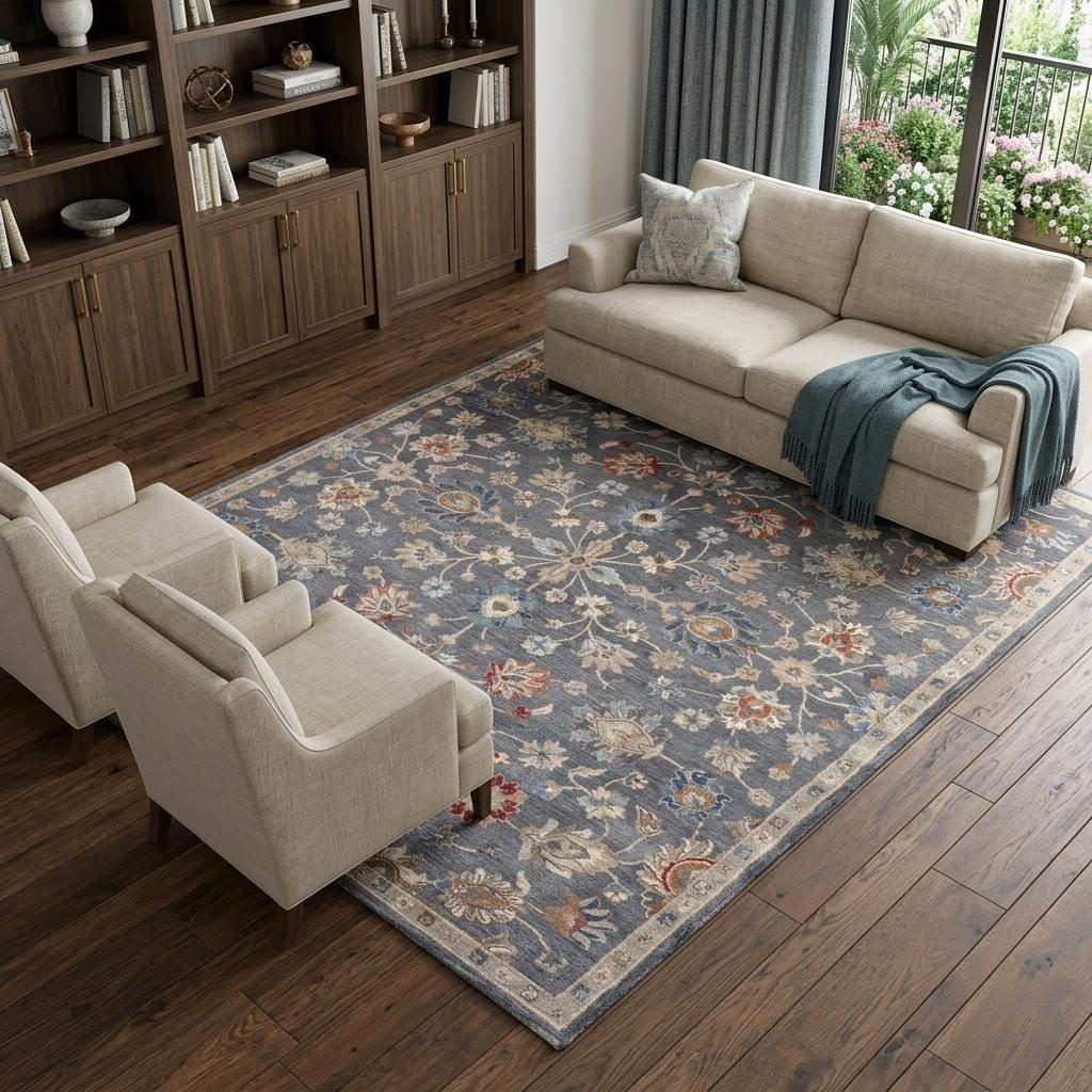 9′ X 12′ Gray and Ivory Wool Floral Area Rug