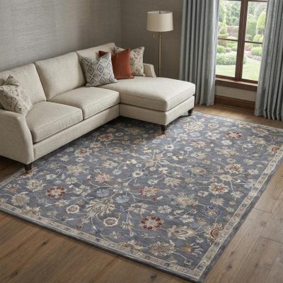 10′ X 14′ Gray Ivory Red Wool Floral Area Rug