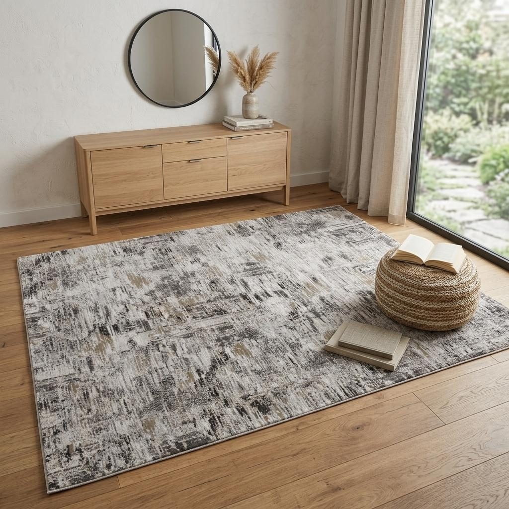 4′ X 6′ Gray Ivory Brown Abstract Distressed Area Rug