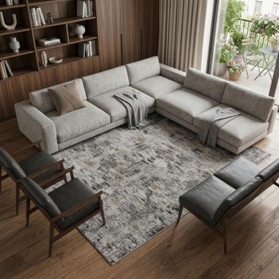 8′ X 10′ Gray Ivory Brown Abstract Distressed Area Rug
