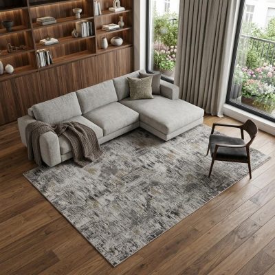 7′ X 10′ Gray Ivory Brown Abstract Distressed Area Rug