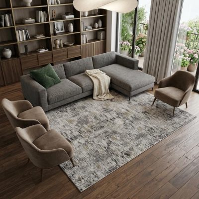 9′ X 12′ Gray Ivory Brown Abstract Distressed Area Rug