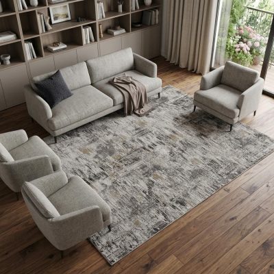 10′ X 14′ Gray Ivory Brown Abstract Distressed Area Rug