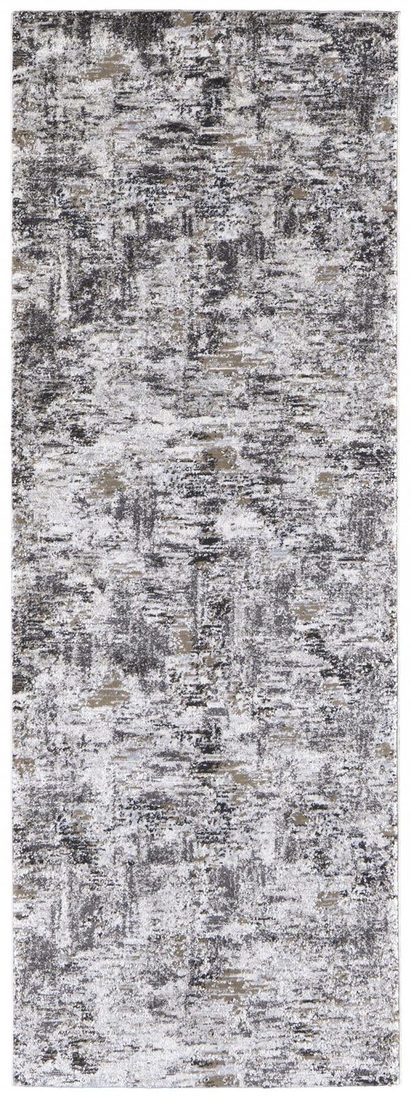 8′ Gray Ivory And Brown Abstract Distressed Runner Rug