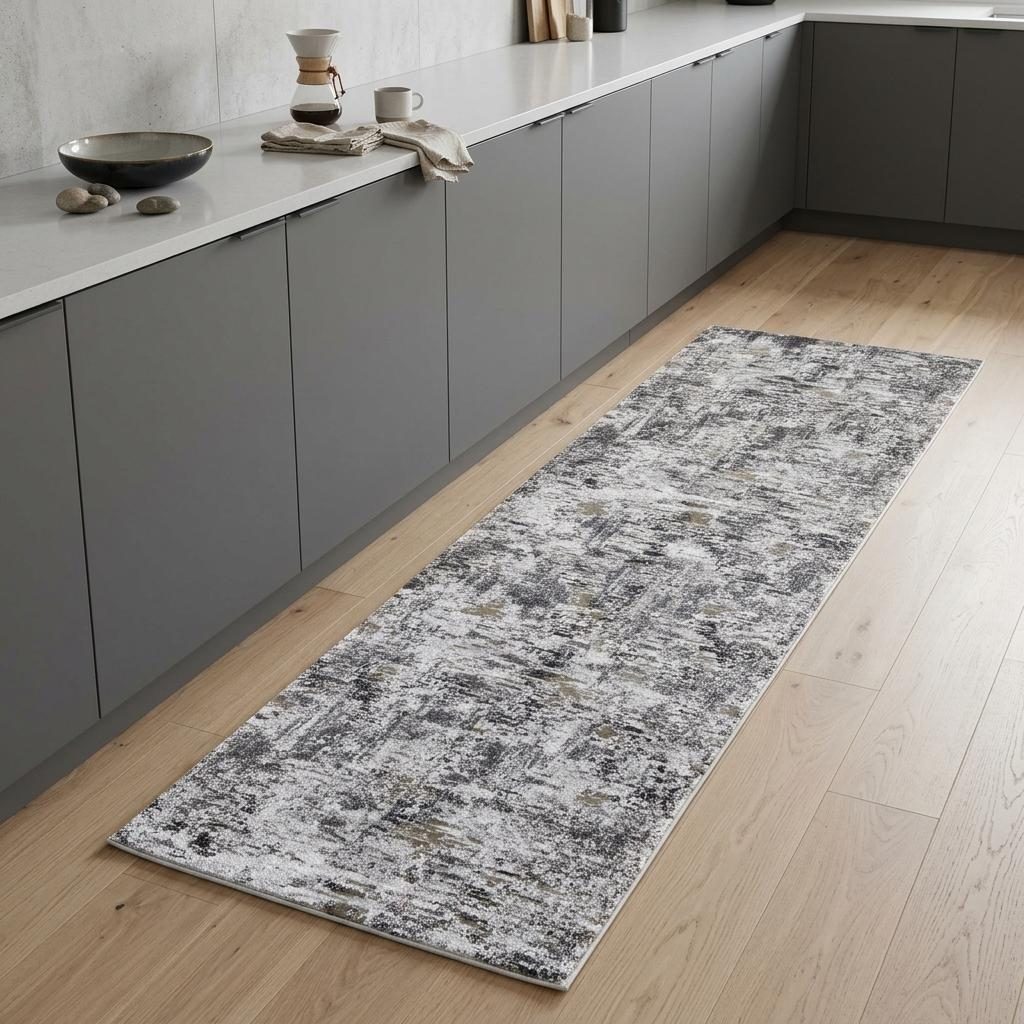 8′ Gray Ivory And Brown Abstract Distressed Runner Rug