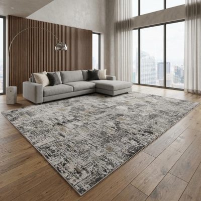 12′ X 15′ Gray Ivory Brown Abstract Distressed Area Rug