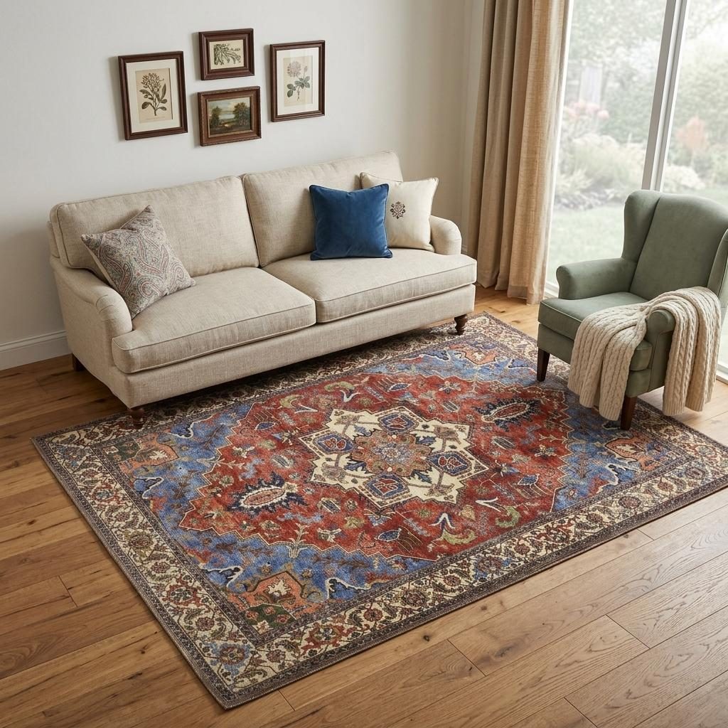 5′ X 8′ Blue And Orange Floral Medallion Area Rug
