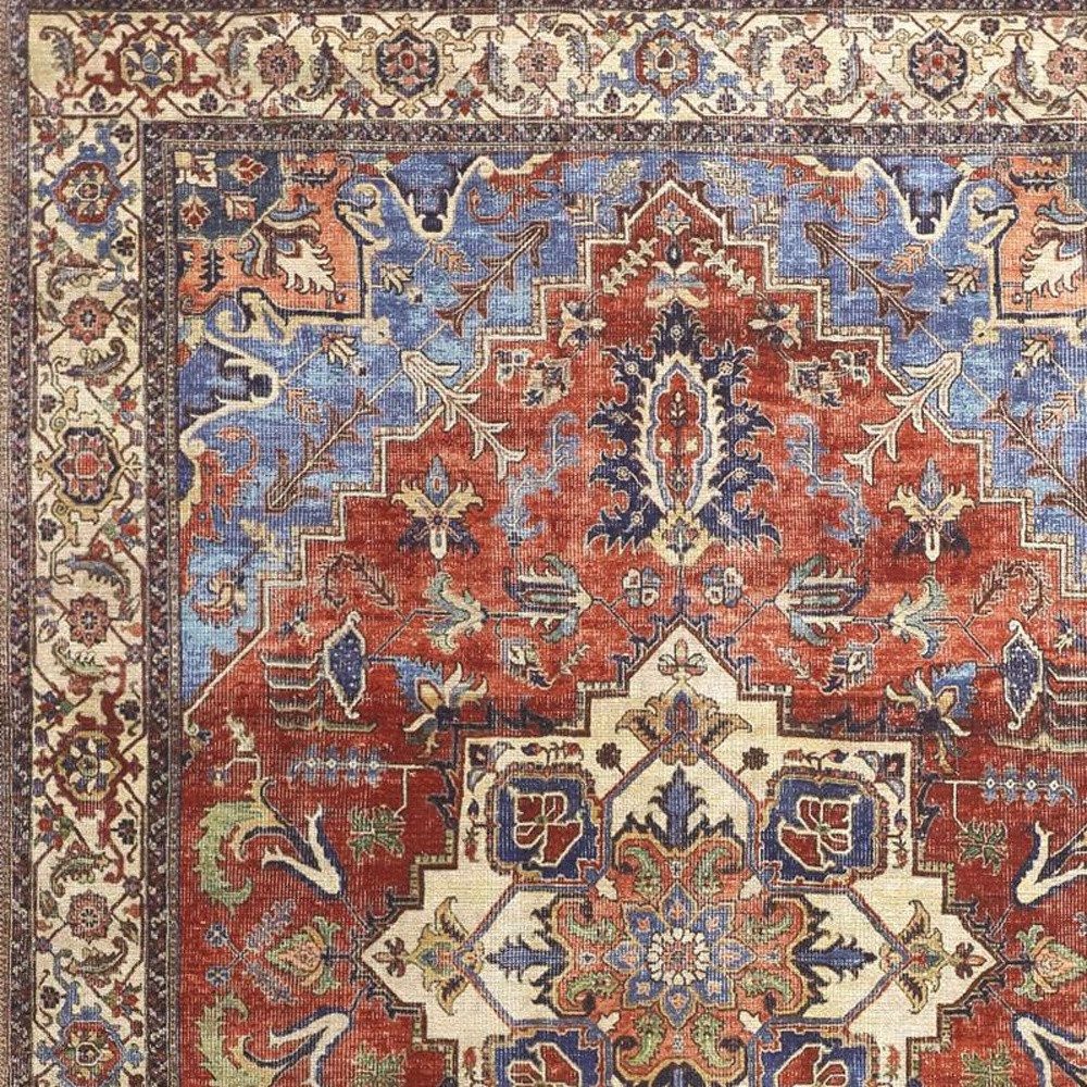 8′ X 10′ Blue And Orange Floral Medallion Area Rug
