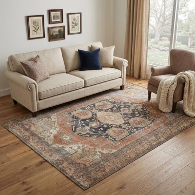 5′ X 8′ Blue And Orange Abstract Area Rug