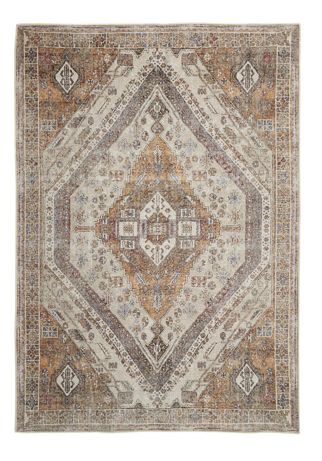 5′ X 8′ Brown Ivory Orange Distressed Medallion Area Rug