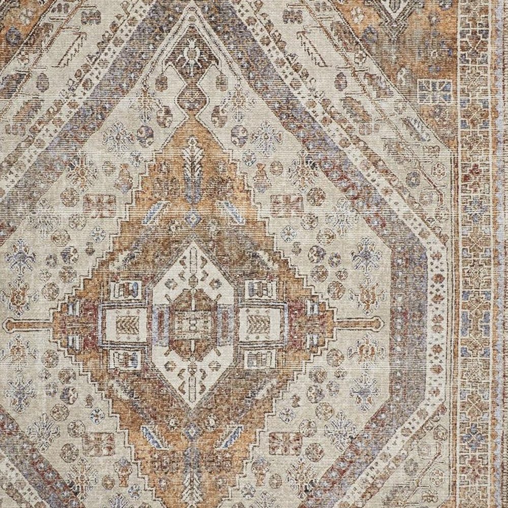 5′ X 8′ Brown Ivory Orange Distressed Medallion Area Rug