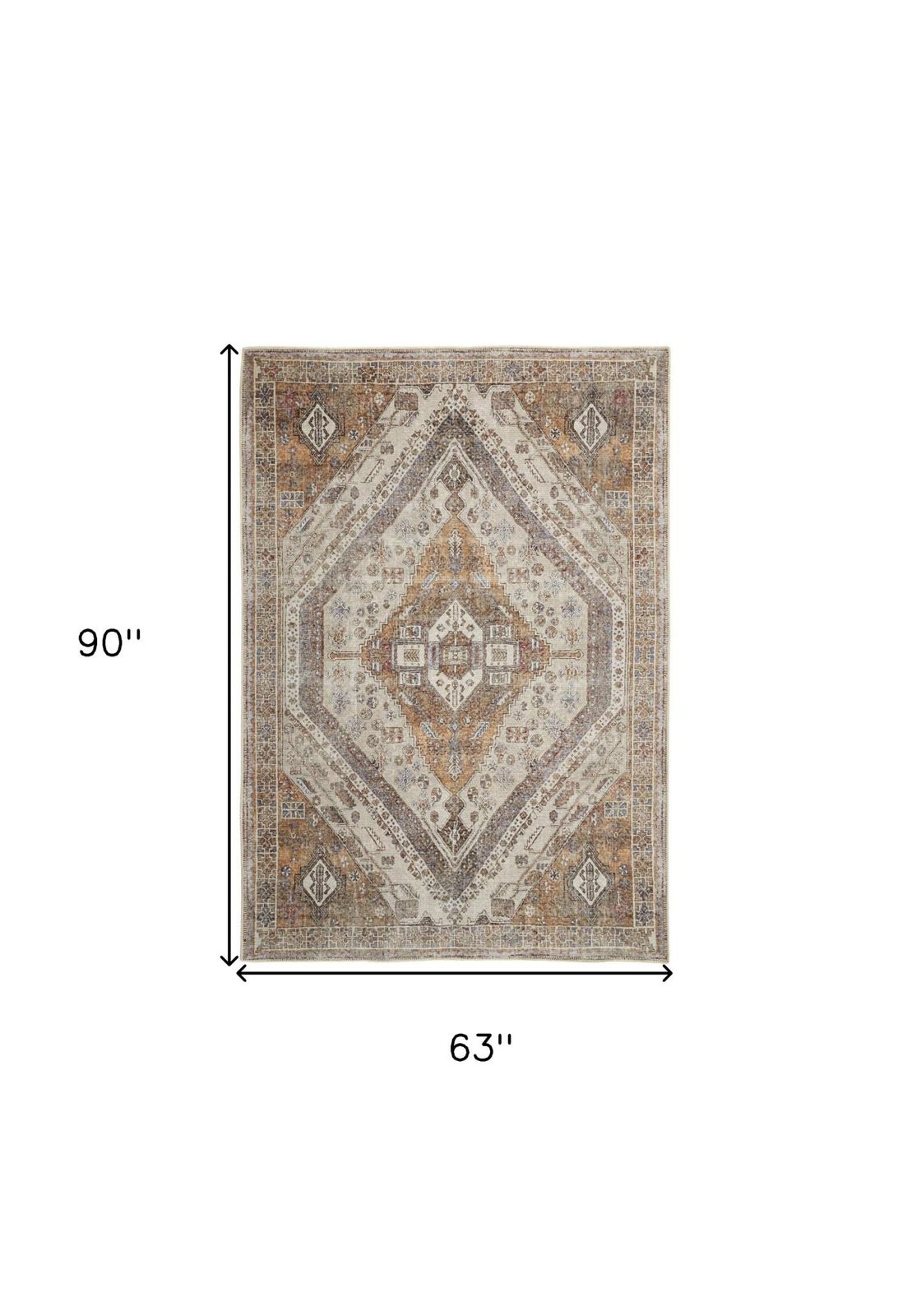 5′ X 8′ Brown Ivory Orange Distressed Medallion Area Rug