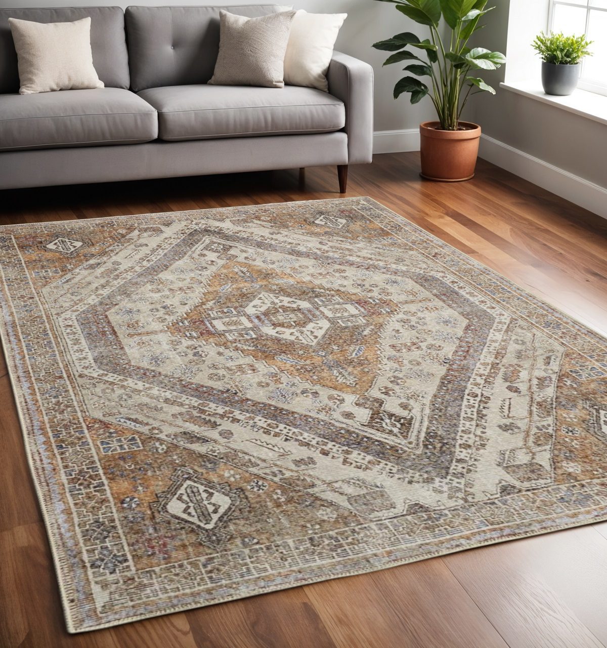 5′ X 8′ Brown Ivory Orange Distressed Medallion Area Rug