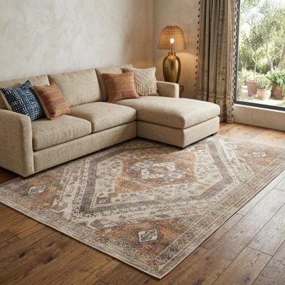 8′ X 10′ Brown Ivory Orange Distressed Medallion Area Rug