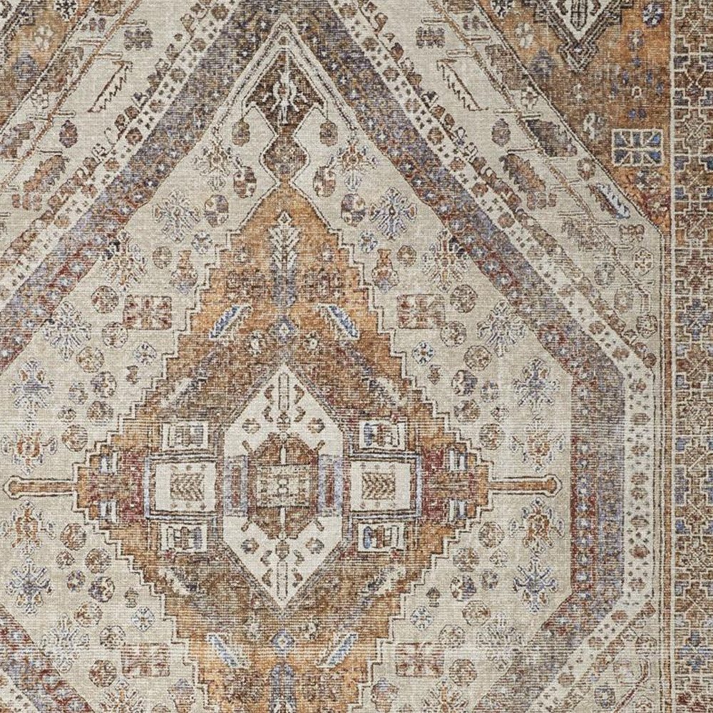 8′ X 10′ Brown Ivory Orange Distressed Medallion Area Rug
