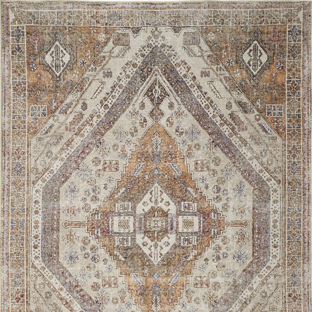 8′ X 10′ Brown Ivory Orange Distressed Medallion Area Rug