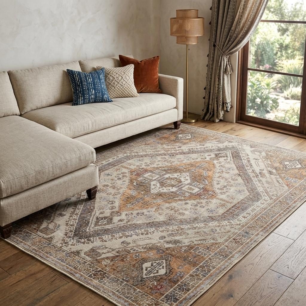 9′ X 12′ Brown Ivory And Orange Medallion Area Rug