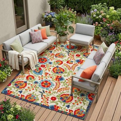 12′ X 15′ Ivory Blue Orange Indoor Outdoor Area Rug