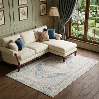 7′ X 9′ Light Blue Oriental Distressed Washable Area Rug
