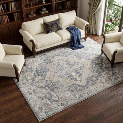 8′ X 10′ Gray and Blue Oriental Washable Area Rug