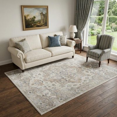 5′ X 7′ Silver Oriental Power Loom Washable Area Rug