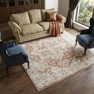 7′ X 9′ Gold Oriental Power Loom Washable Area Rug