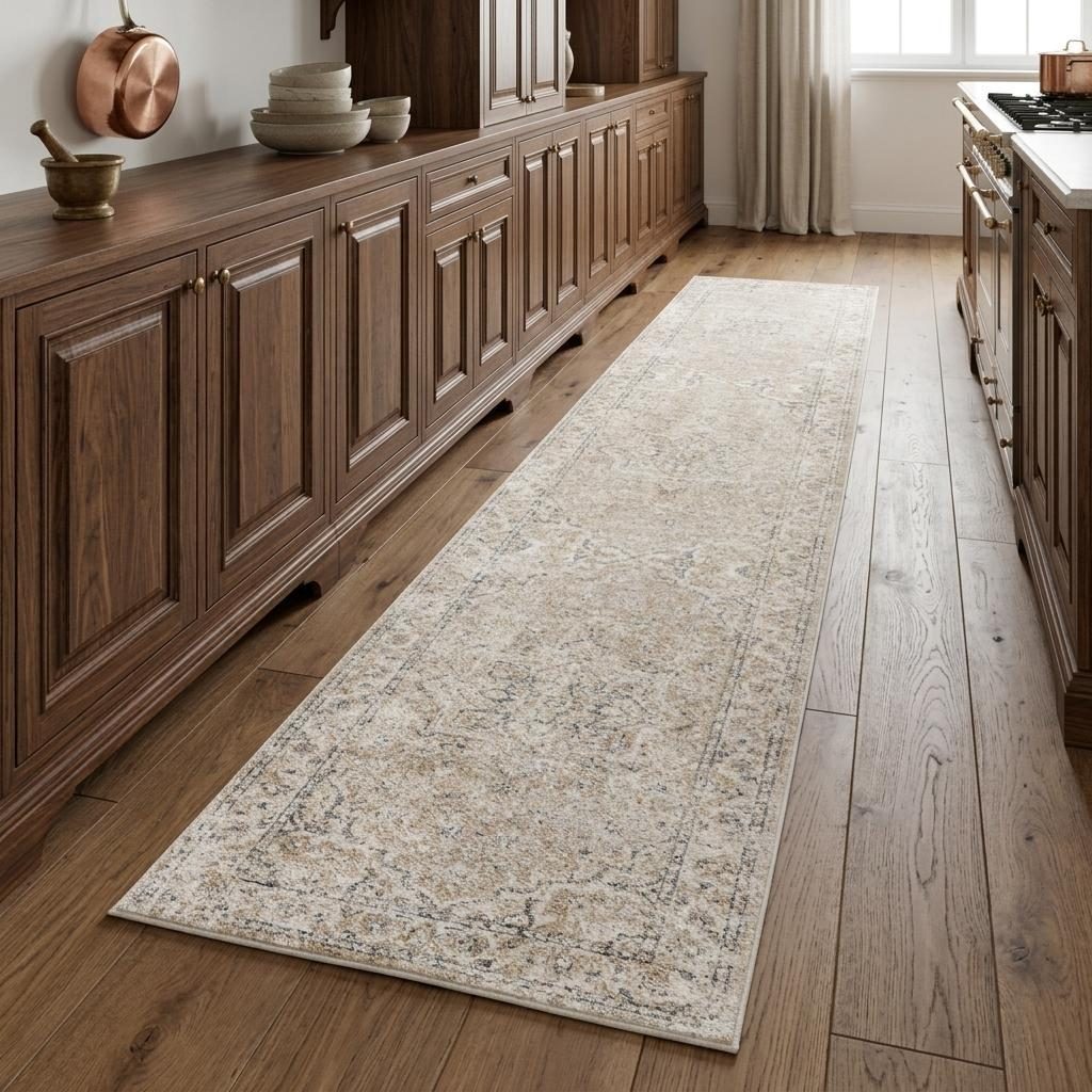 8′ Beige and Ivory Oriental Washable Runner