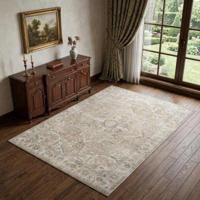 4′ X 6′ Beige Oriental Washable Area Rug