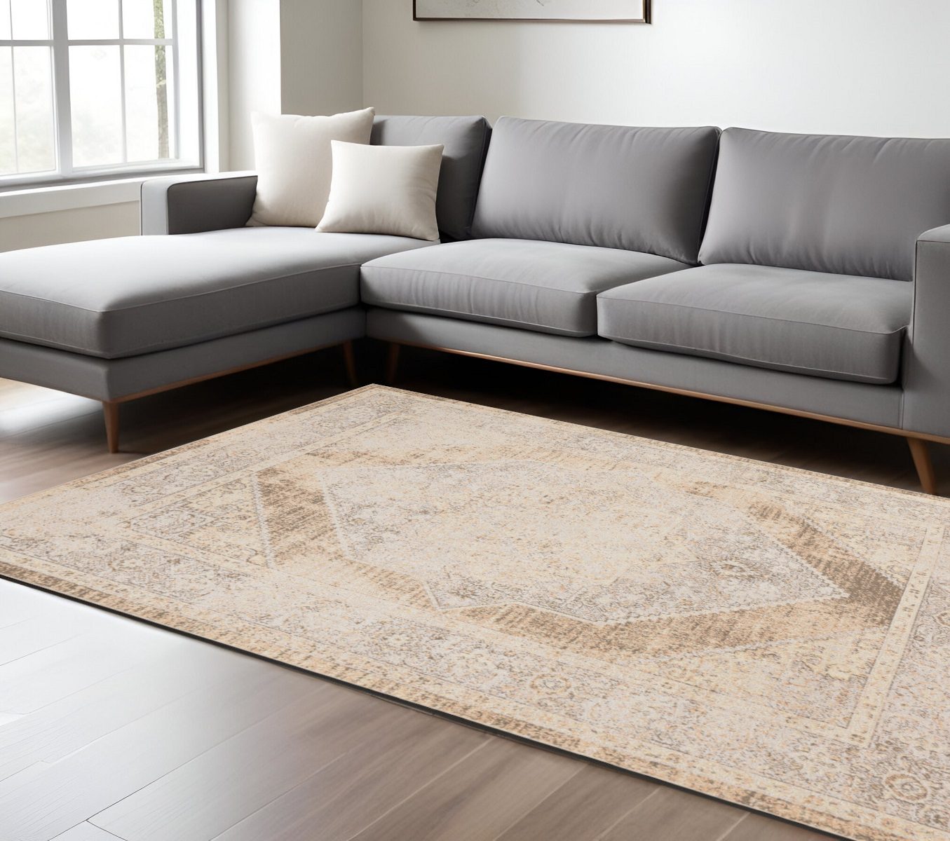 7′ X 9′ Beige Oriental Washable Area Rug