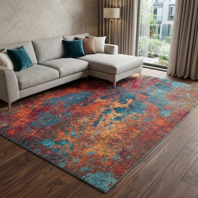 8′ X 11′ Blue and Orange Abstract Area Rug