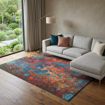 10′ X 14′ Blue and Orange Abstract Area Rug