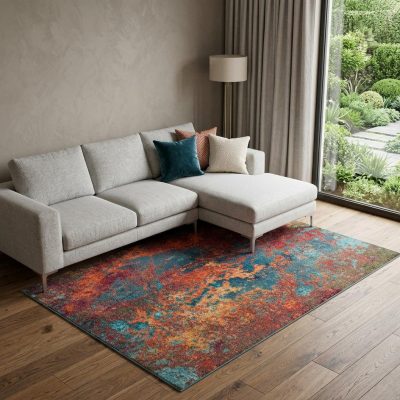7′ X 10′ Blue and Orange Abstract Area Rug
