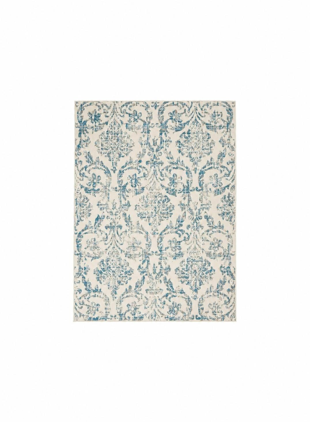6′ X 9′ Ivory And Blue Damask Area Rug
