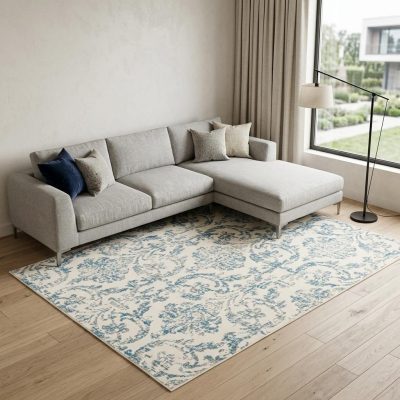 6′ X 9′ Ivory And Blue Damask Area Rug