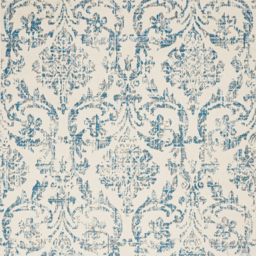 6′ X 9′ Ivory And Blue Damask Area Rug