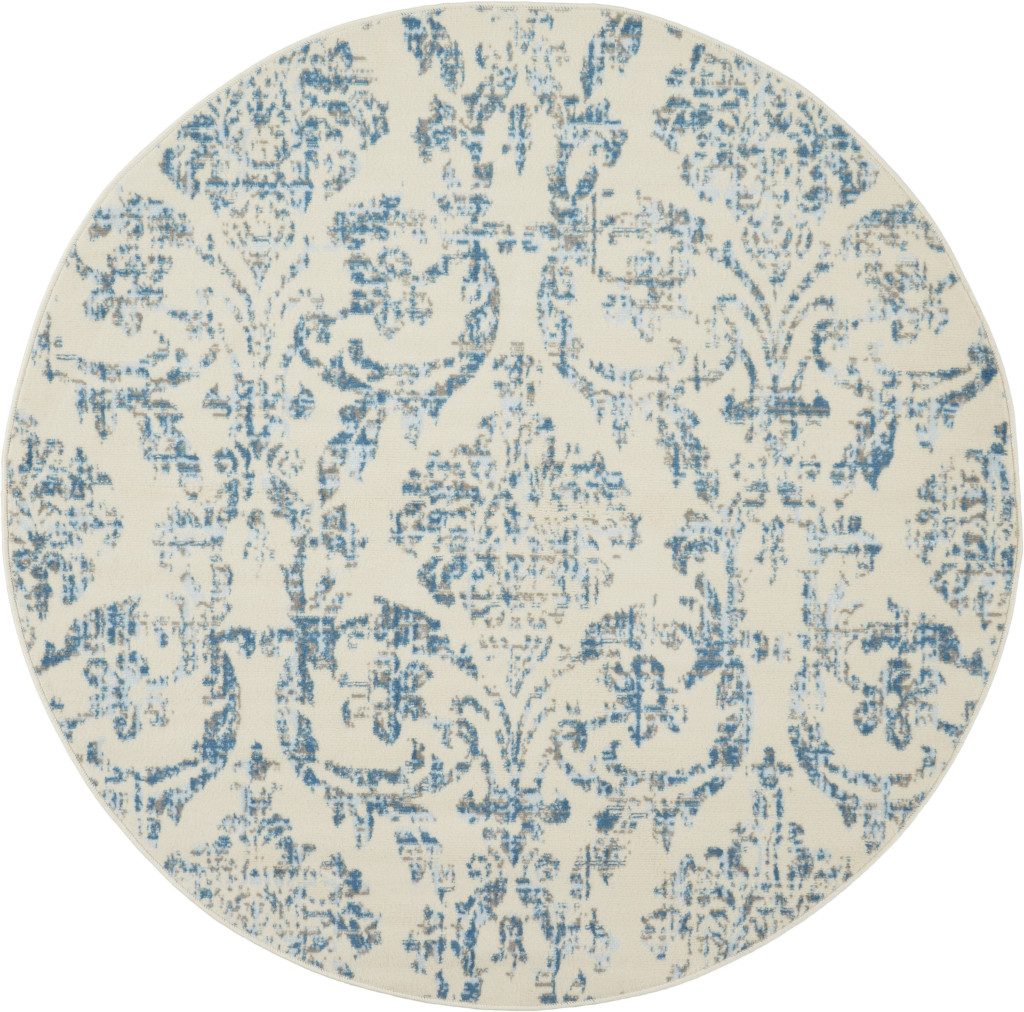 5′ Ivory and Blue Damask Round Rug
