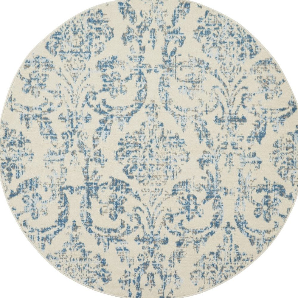 5′ Ivory and Blue Damask Round Rug