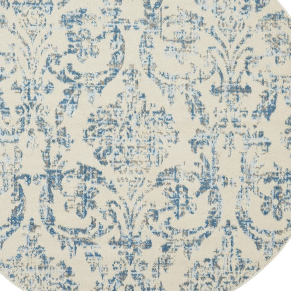 5′ Ivory and Blue Damask Round Rug