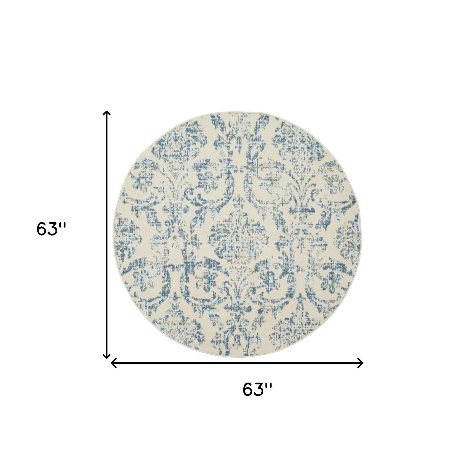 5′ Ivory and Blue Damask Round Rug