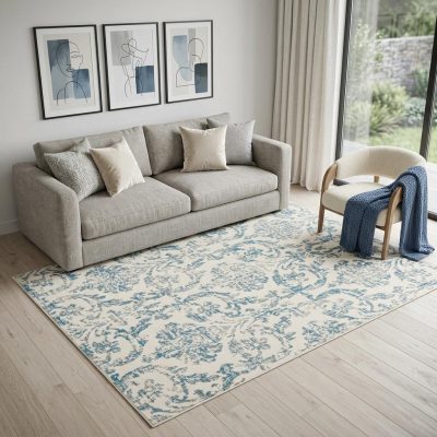5′ X 7′ Ivory And Blue Damask Area Rug
