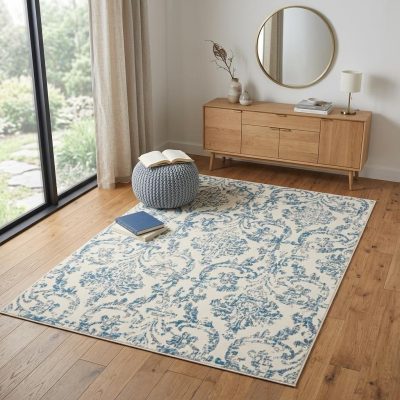 4′ X 6′ Ivory And Blue Damask Area Rug