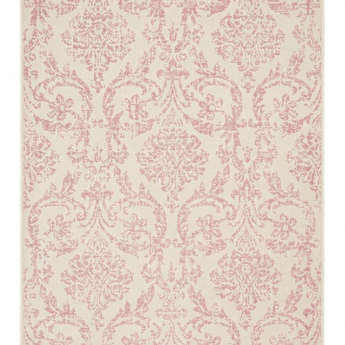 6′ X 9′ Ivory And Pink Damask Area Rug
