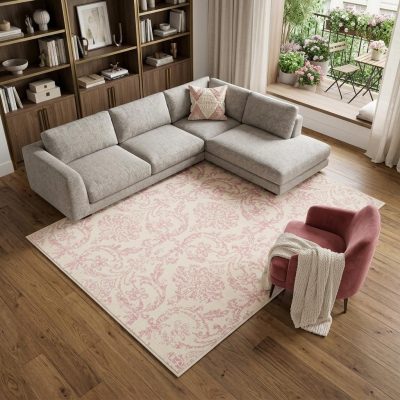 6′ X 9′ Ivory And Pink Damask Area Rug