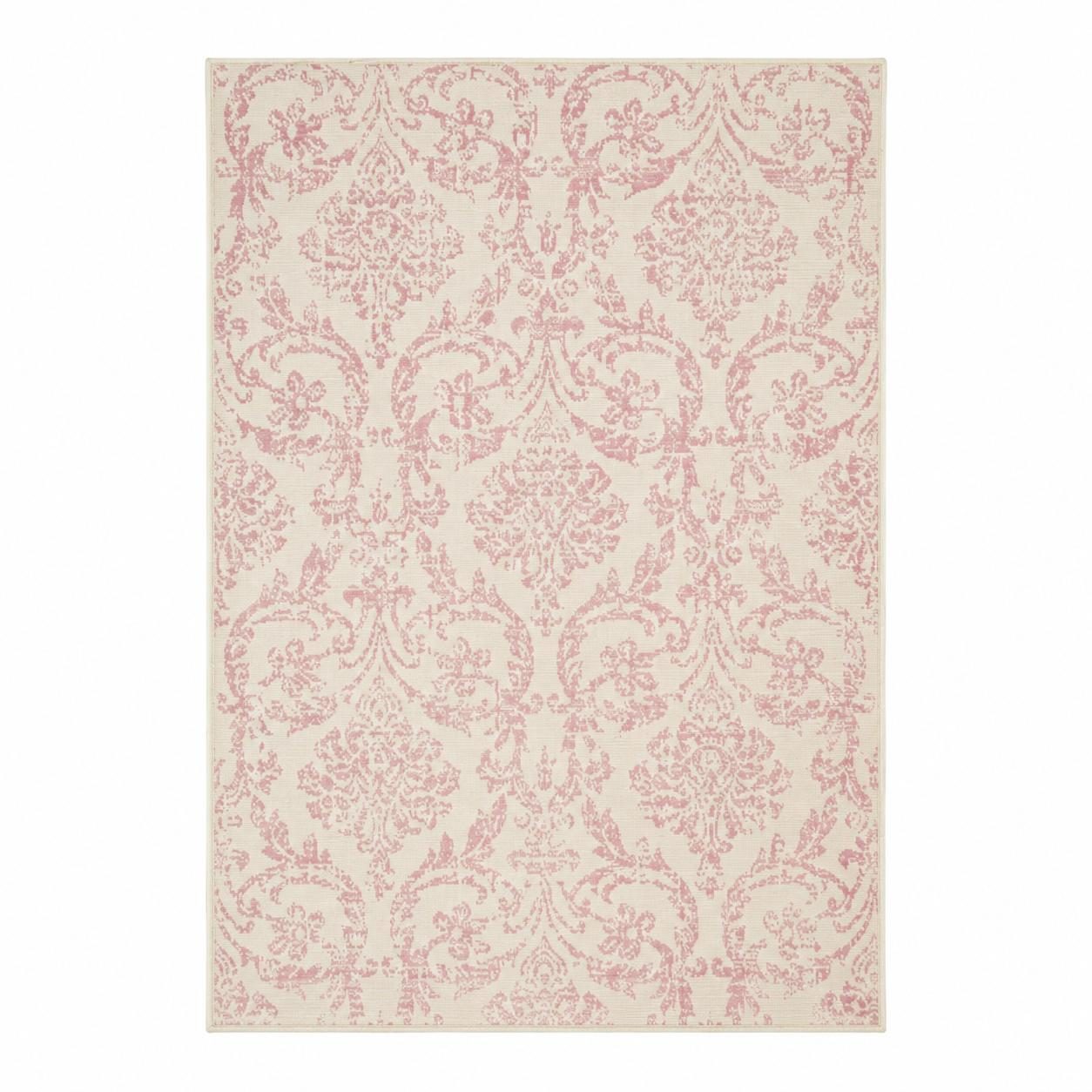 6′ X 9′ Ivory And Pink Damask Area Rug
