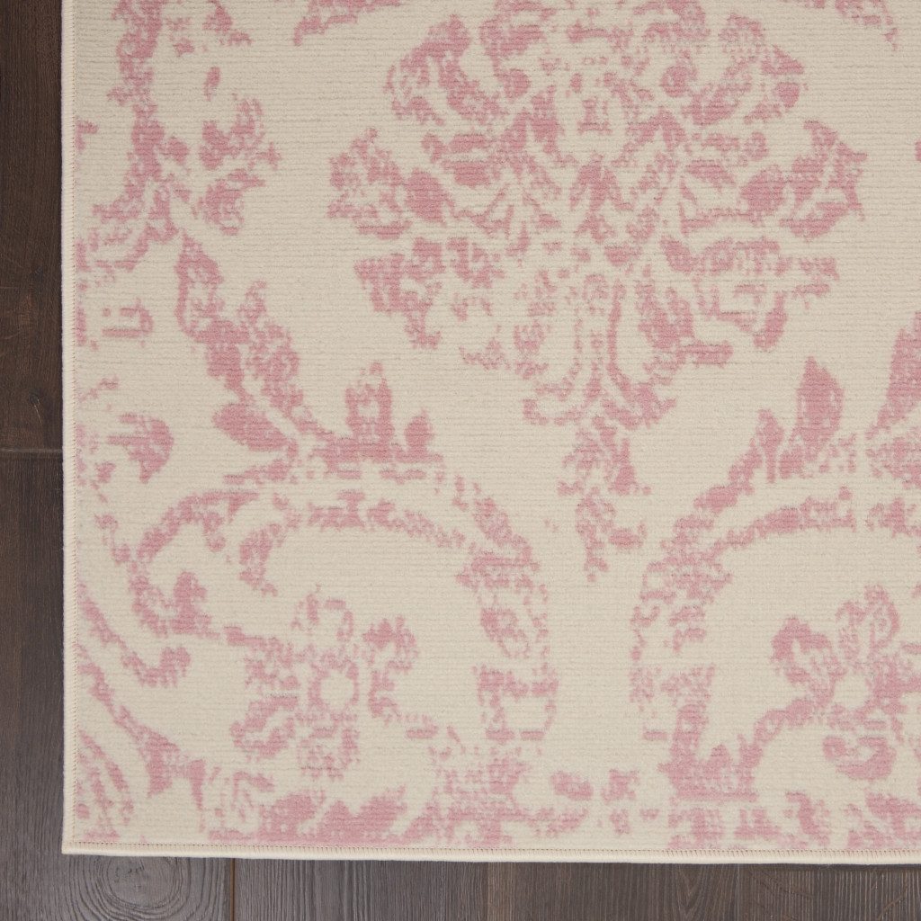 6′ X 9′ Ivory And Pink Damask Area Rug