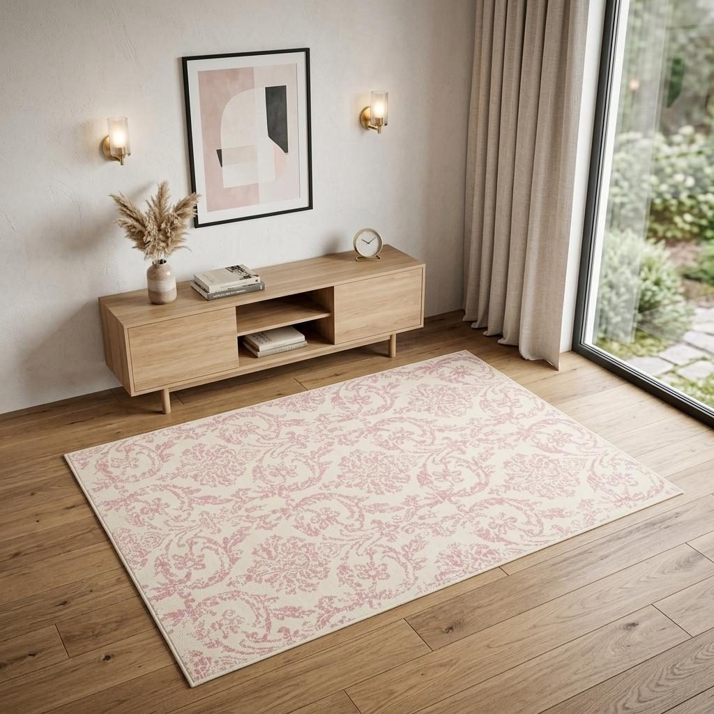 4′ X 6′ Ivory and Pink Damask Area Rug
